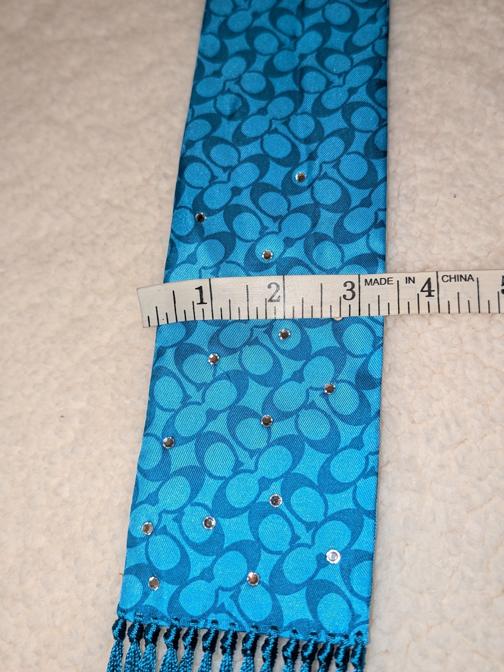 COACH Logo Print Scarf with Crystal Studs and Fringe Teal VGUC - Picture 7 of 7
